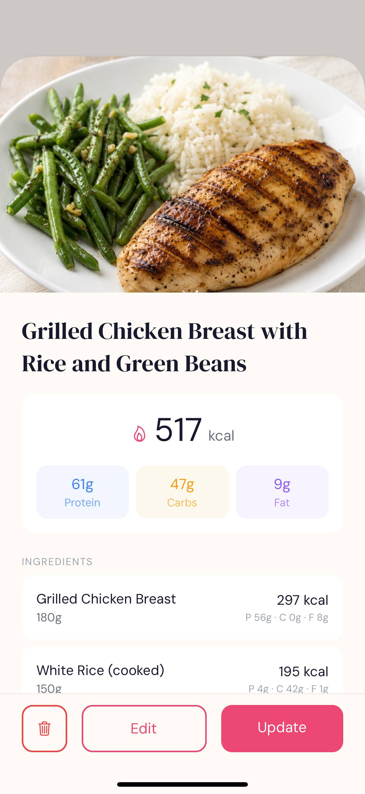Callie AI food scan recognising a meal