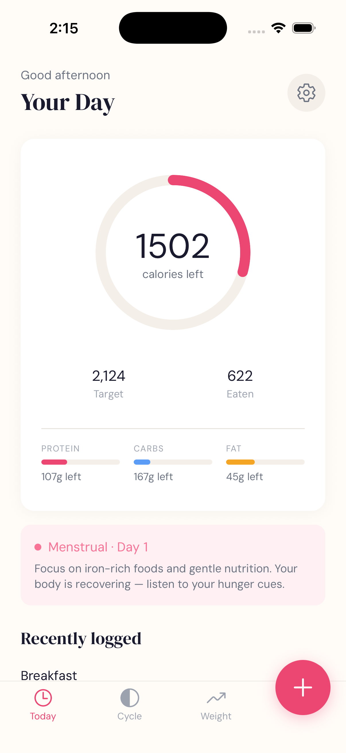 Callie daily targets screen with phase-adapted calories and macros